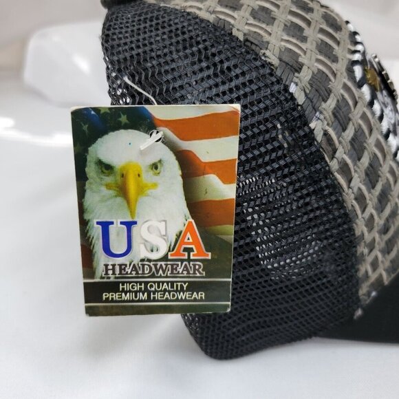 Eagle Embroidered Trucker Cap Woven Design & Mesh Back Gray/Black USA Headwear - Picture 3 of 6